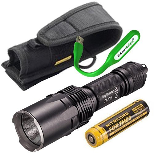 EdisonBright Nitecore TM03 2800 Lumen CREE LED Tiny Monster Flashlight/Searchlight, 18650 rechargeabe Battery USB Reading Light Bundle