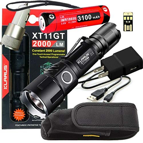 Klarus Upgraded XT11GT 2000 Lumens Super Bundle with LED Rechargeable Tactical Flashlight, 18650 Battery, USB Cable, Lanyard, Holster, Pocket Clip, Car Adapter, Wall Adapter, and USB Mini Light