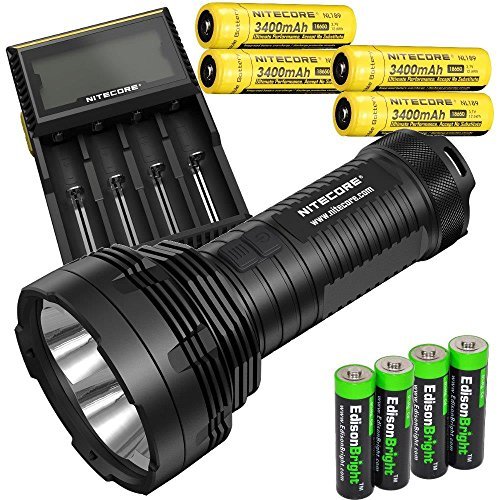 EdisonBright Nitecore TM16 4000 Lumen CREE LED Tiny Monster Flashlight, D4 Smart Charger, 4 X Nitecore NL189 18650 3400mAh AA Alkaline Batteries Sampler Bundle